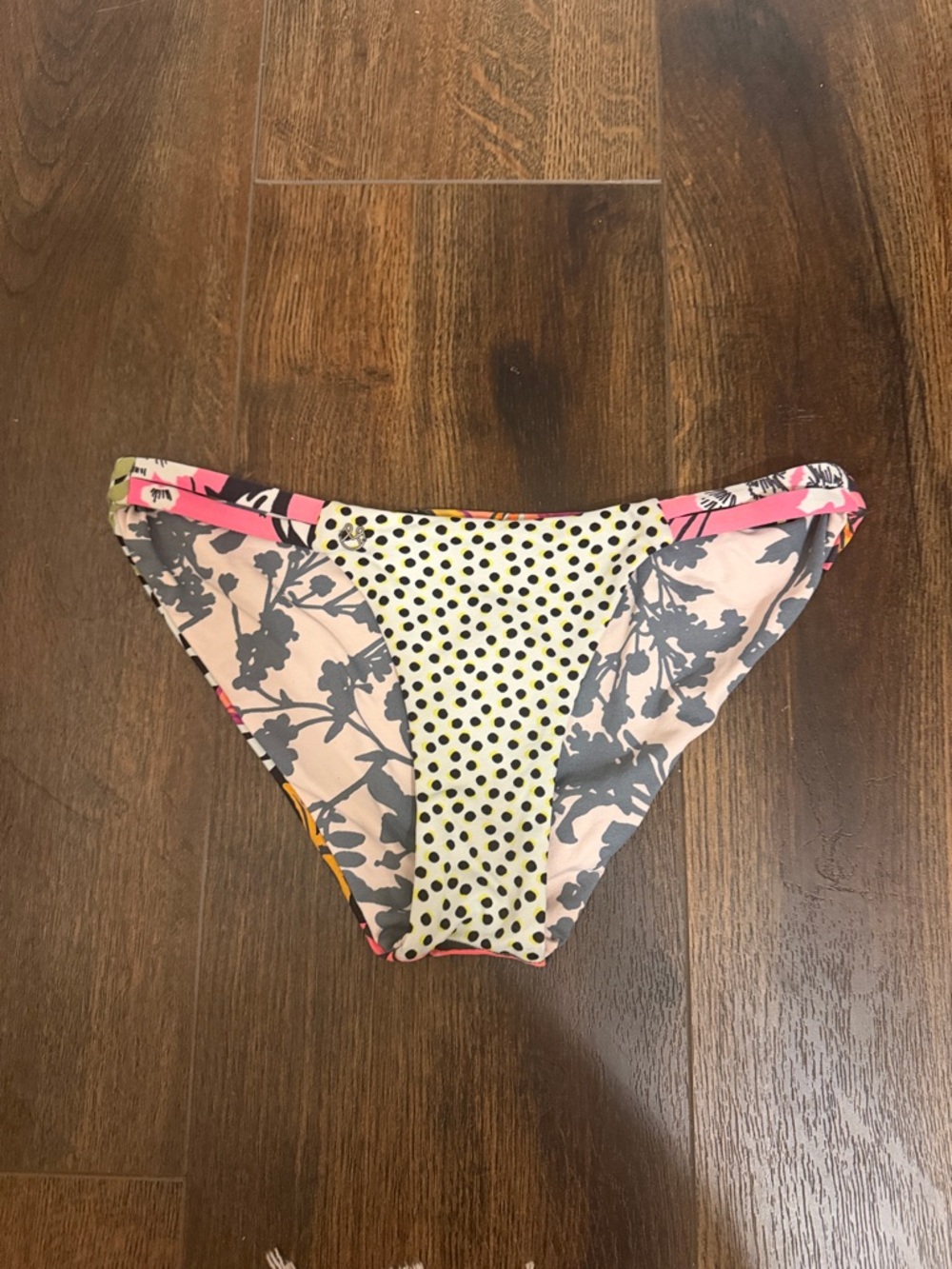 Maaji Multicolor Floral & Polka Dot Bikini Bottom in Pink, Yellow, Gray